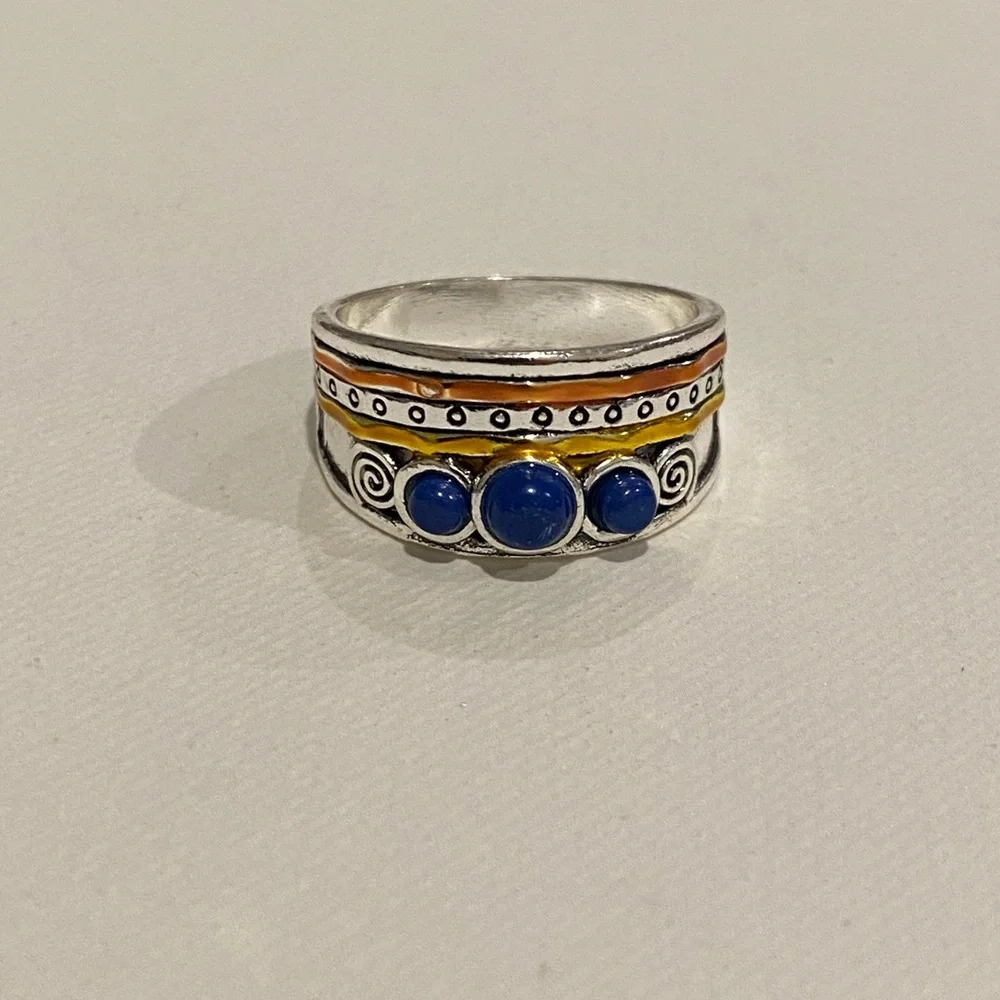 Lapis lazuli mixed metal boho vintage style ring size 9 - Picture 2 of 3